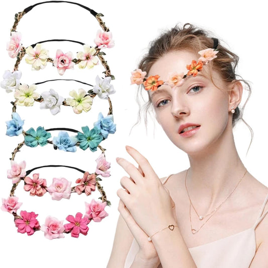 6 Pcs Flower Wreath Headbands, Colorful Flower Crown Hairbands for Women Girls Bride Bridesmaids, Adjustable V1259-DP01-A-3806