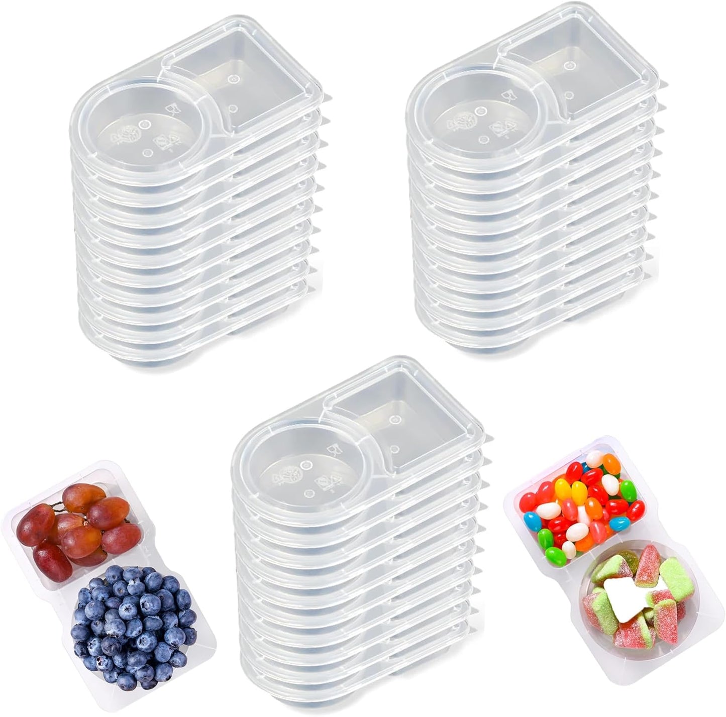 2 Compartment Snack Containers with Lids, Small Reusable Plastic Clear Snack Containers for School, Home, V1259-DP01-A-3815
