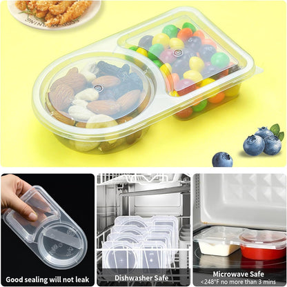 2 Compartment Snack Containers with Lids, Small Reusable Plastic Clear Snack Containers for School, Home, V1259-DP01-A-3815