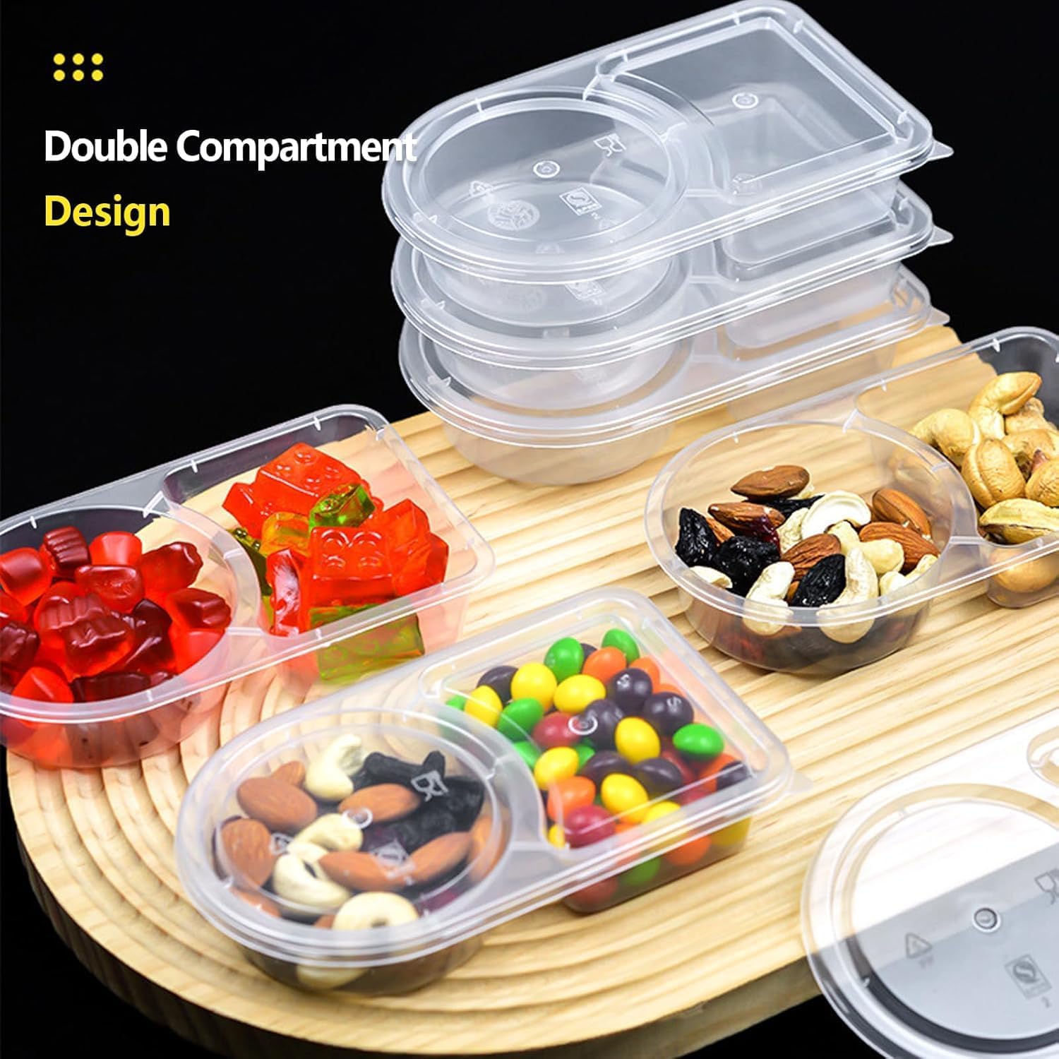 2 Compartment Snack Containers with Lids, Small Reusable Plastic Clear Snack Containers for School, Home, V1259-DP01-A-3815