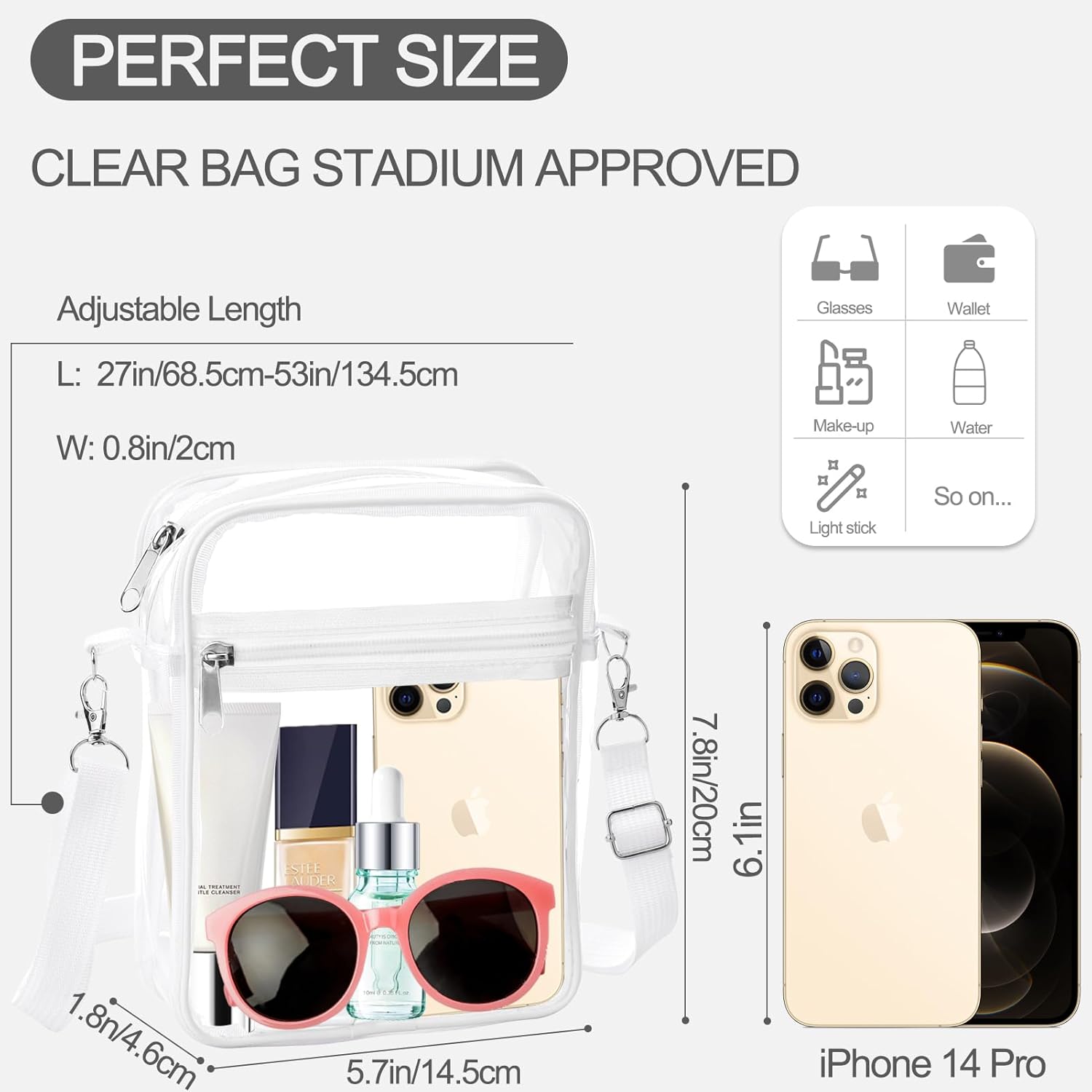 Clear Bag Stadium Approved, Clear Purse Crossbody Bag, Adjustable Shoulder Strap Clear Bags for Concerts V1259-DP01-A-3816