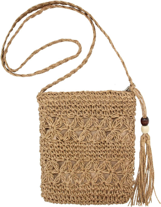 Women Small Straw Bag Summer Beach Crossbody Bag with Tassel Boho Weave Handmade Shoulder Purse or Holiday V1259-DP01-A-3820