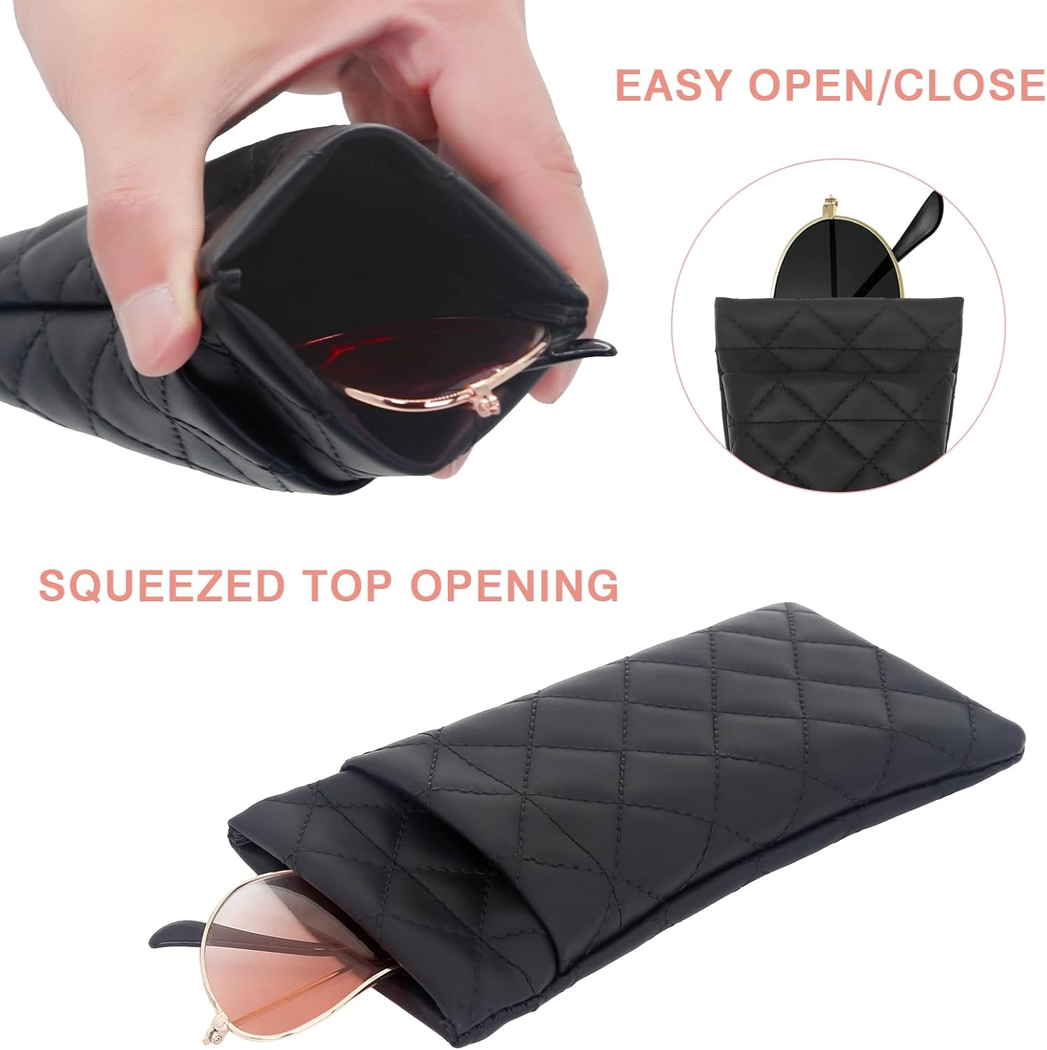 2 Pcs Double Glasses Case, PU Leather Double Eyeglass Case Large Squeeze Top Portable Sunglass Case For Women V1259-DP01-A-3836