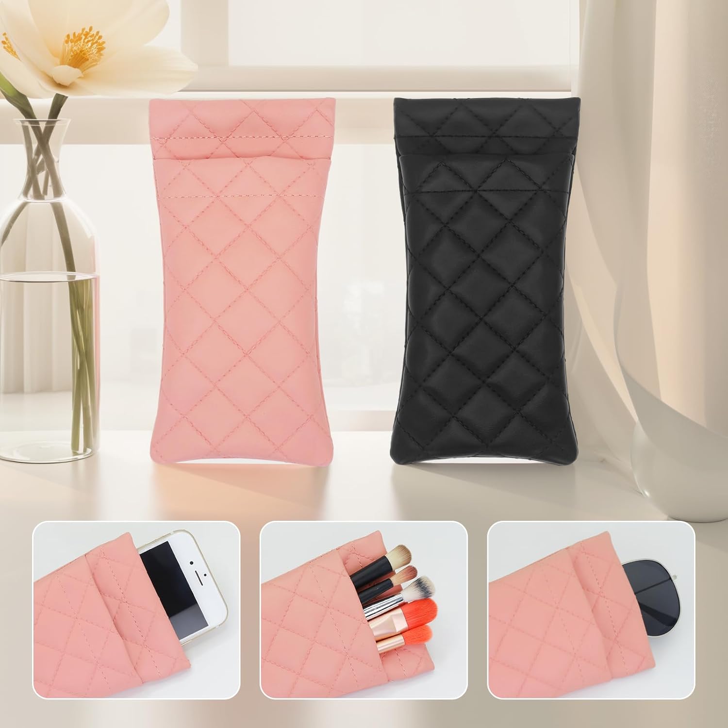 2 Pcs Double Glasses Case, PU Leather Double Eyeglass Case Large Squeeze Top Portable Sunglass Case For Women V1259-DP01-A-3836