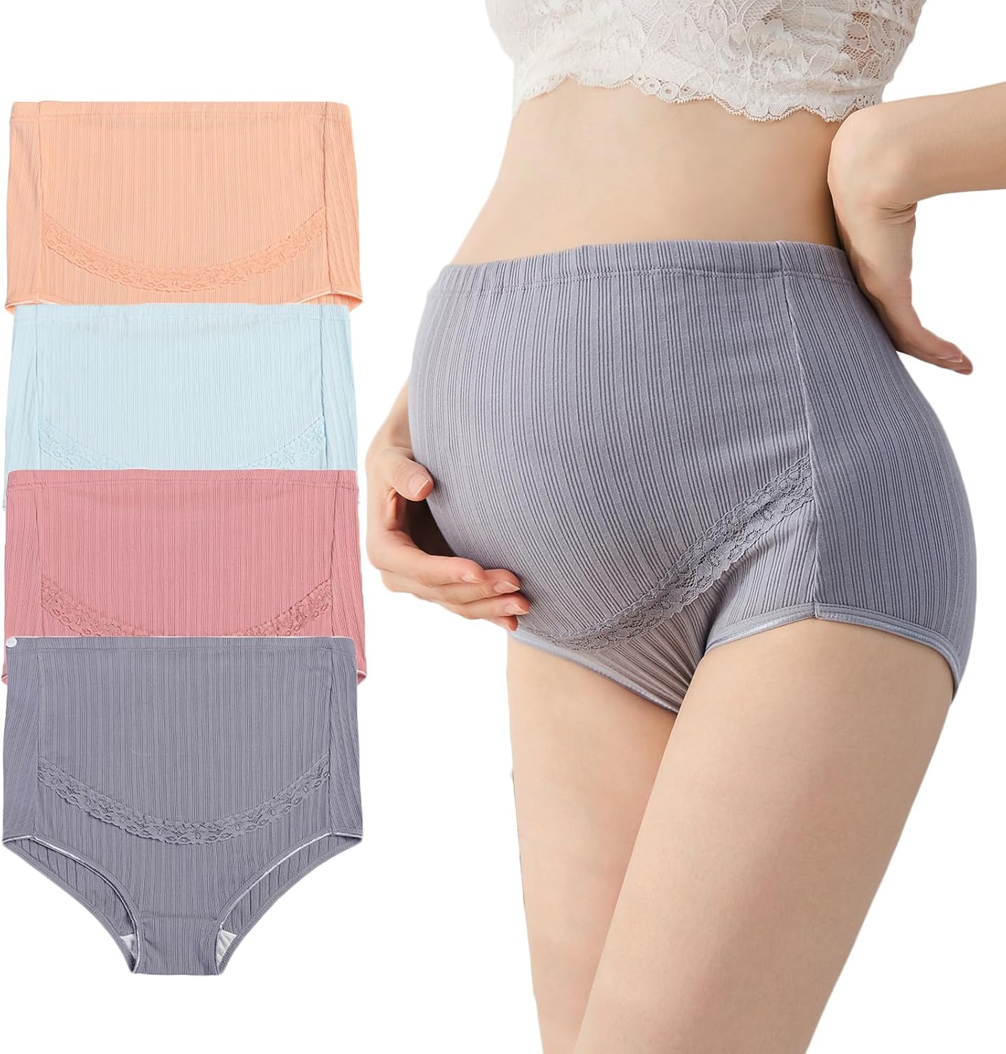 Maternity Cotton Underwear High Waist Adjustable Pregnancy Seamless Soft Hipster Panties Over Bump 4-Pack V1259-DP01-A-3843