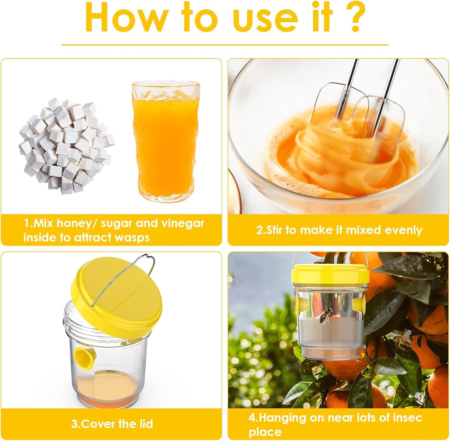 2pcs Wasp Trap, Yellow Hornet Bee Traps Catcher with Hanging Non-Toxic PP Plastic Jacket Traps for V1259-DP01-A-3874