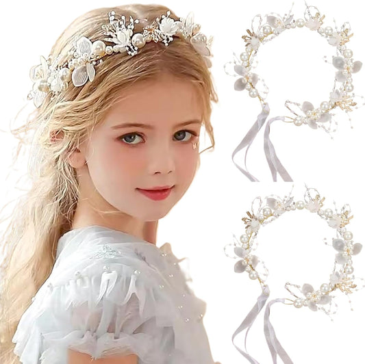 2PCS Flower Girl Headpiece, 15.8 Inch Metal Pearl Headband with Ribbon, Flower Girl Hair Accessory for V1259-DP01-A-3878