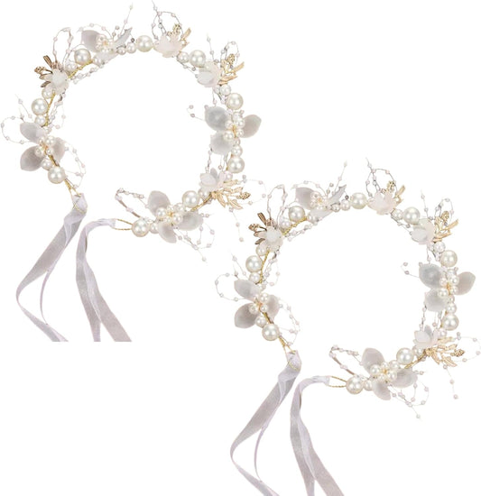 2PCS Flower Girl Headpiece, 15.8 Inch Metal Pearl Headband with Ribbon, Flower Girl Hair Accessory for V1259-DP01-A-3878