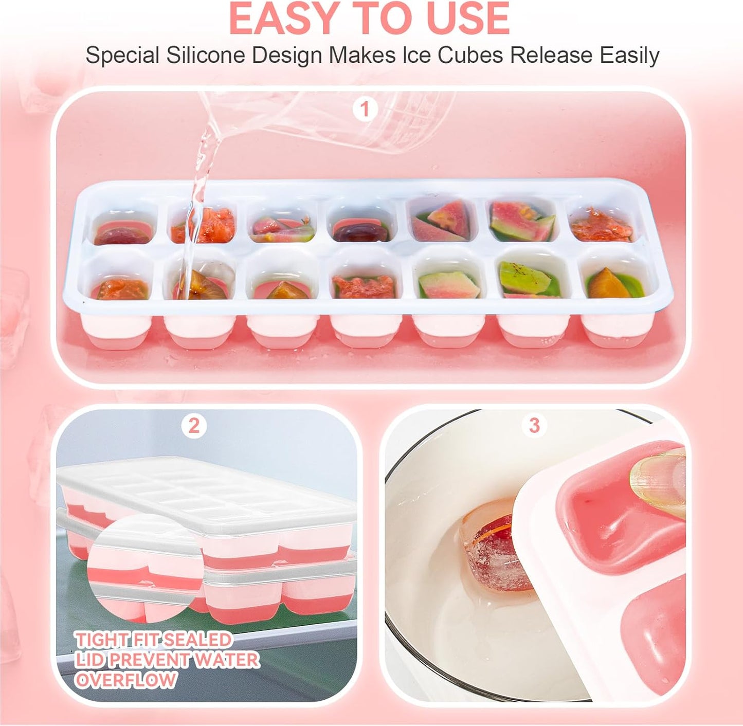 Ice Cube Tray,14 Ice Cube Molds with Lids, 2 Pack Silicone Ice Tray, Stackable Ice Cube Molds for Chilling V1259-DP01-A-3891