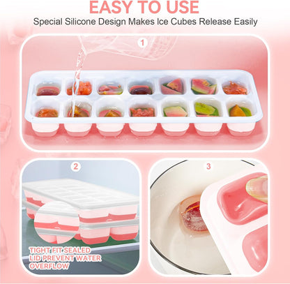 Ice Cube Tray,14 Ice Cube Molds with Lids, 2 Pack Silicone Ice Tray, Stackable Ice Cube Molds for Chilling V1259-DP01-A-3891
