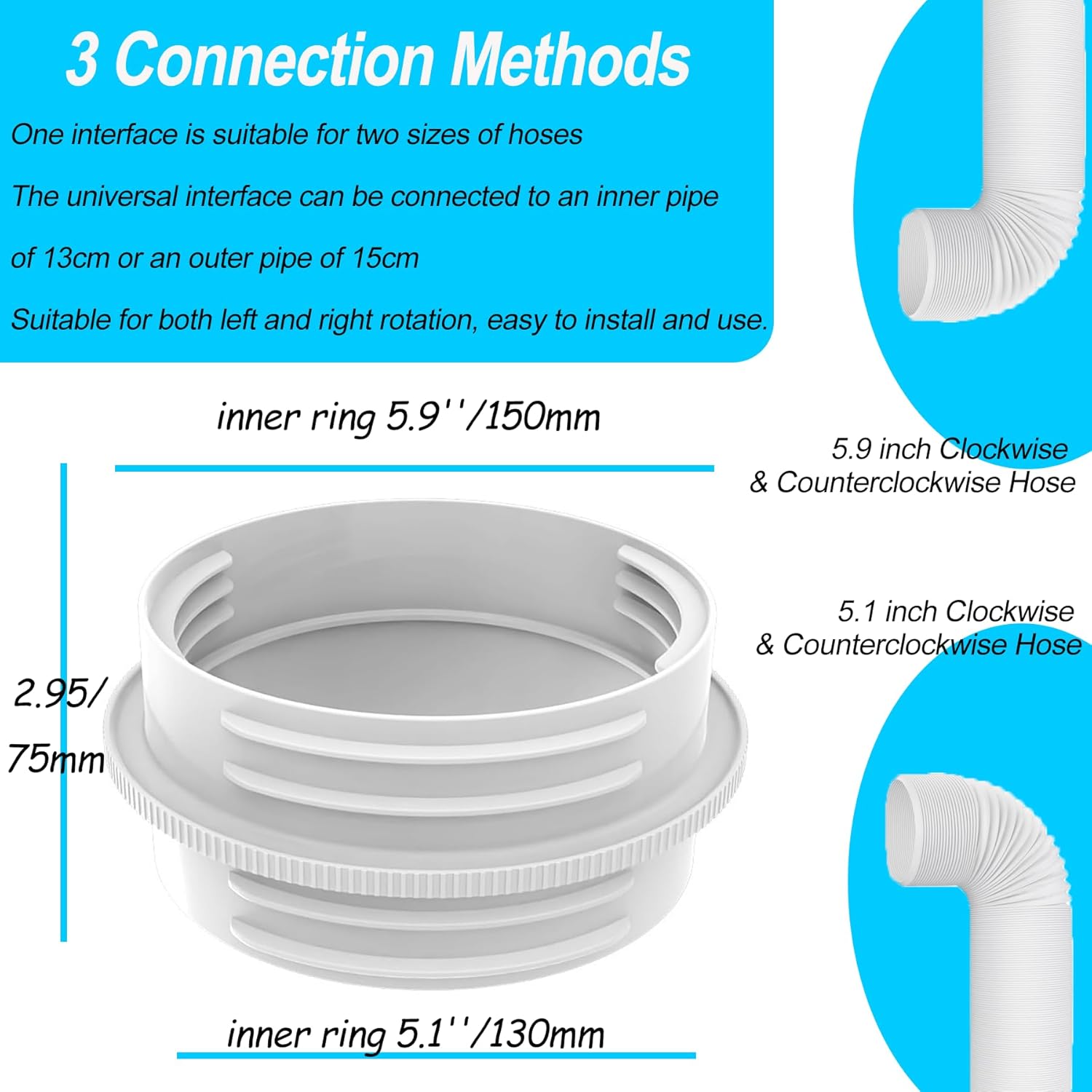 Portable Air Conditioner Exhaust Hose Connector, Both 5.1"/5.9" Exhasut Vent Hoses with Clockwise & Counter V1259-DP01-A-3896
