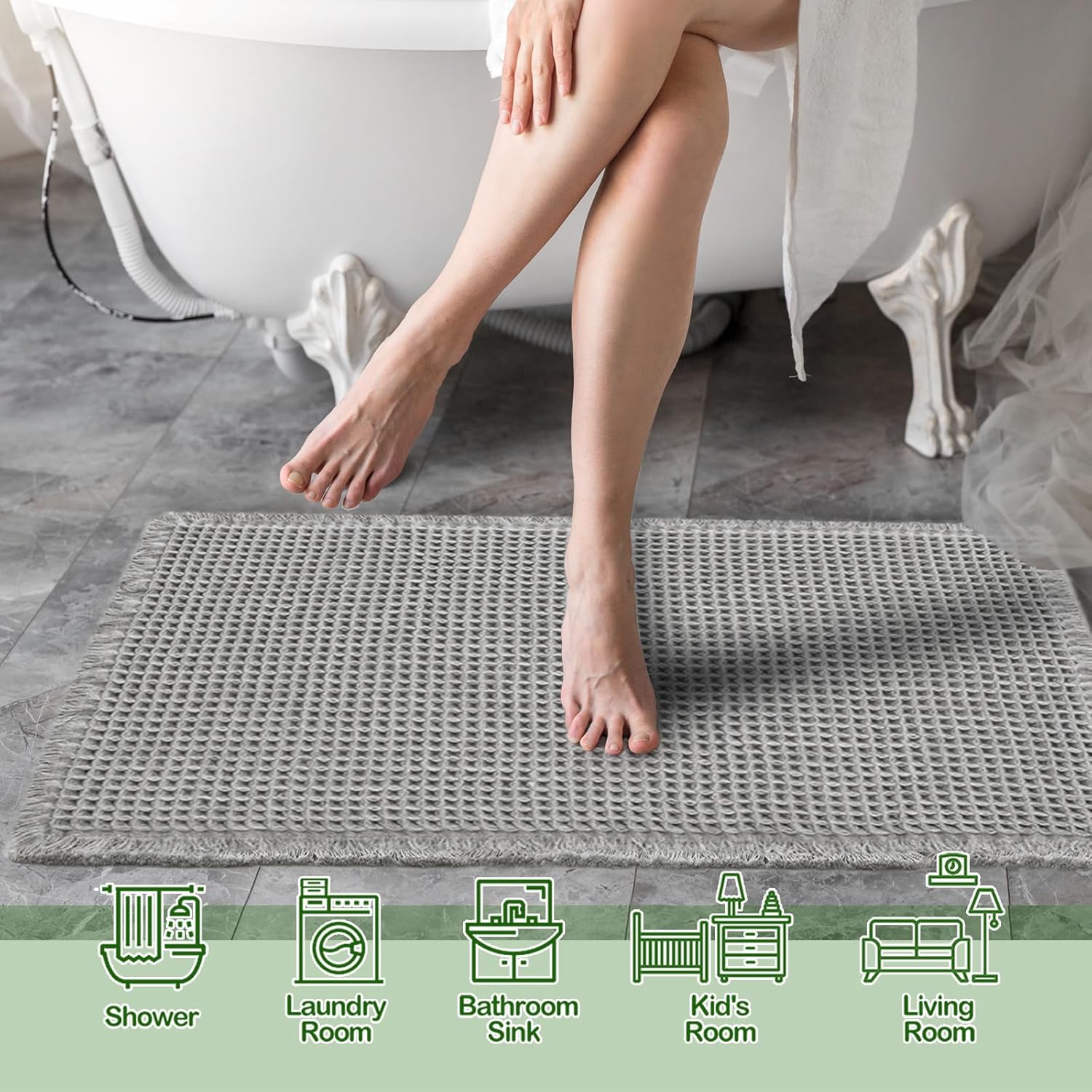 Grey Waffle Bath Mat,Super Absorbent Non Slip Bathroom Rug,Gray 18x30inch,Machine Washable Ultra Soft Floor V1259-DP01-A-3897