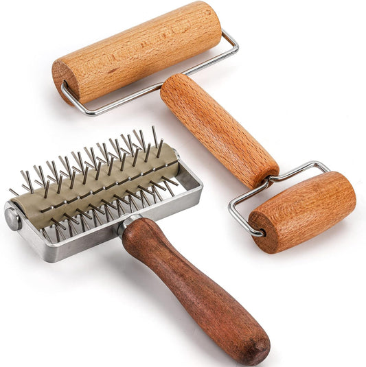 Set of 2 Pizza Dough Roller & Docker, Stainless Steel Hole Maker Puncher, Wooden Rolling Pin for Pizza, V1259-DP01-A-3910