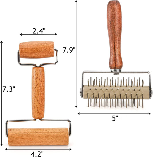 Set of 2 Pizza Dough Roller & Docker, Stainless Steel Hole Maker Puncher, Wooden Rolling Pin for Pizza, V1259-DP01-A-3910