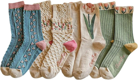Casual Vintage Floral Cotton Socks for Women 4 Pairs Cute Ruffle Slouch Socks 5-9 for Teen Grils Above Ankle V1259-DP01-A-3960
