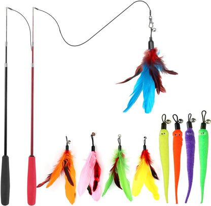 Huidcom Cat Feather Toy Retractable Cat Toys Wand with 2 Wands & 9 Assorted Teaser Refills Interactive V1259-DP01-A-3963