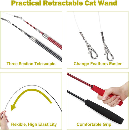 Huidcom Cat Feather Toy Retractable Cat Toys Wand with 2 Wands & 9 Assorted Teaser Refills Interactive V1259-DP01-A-3963