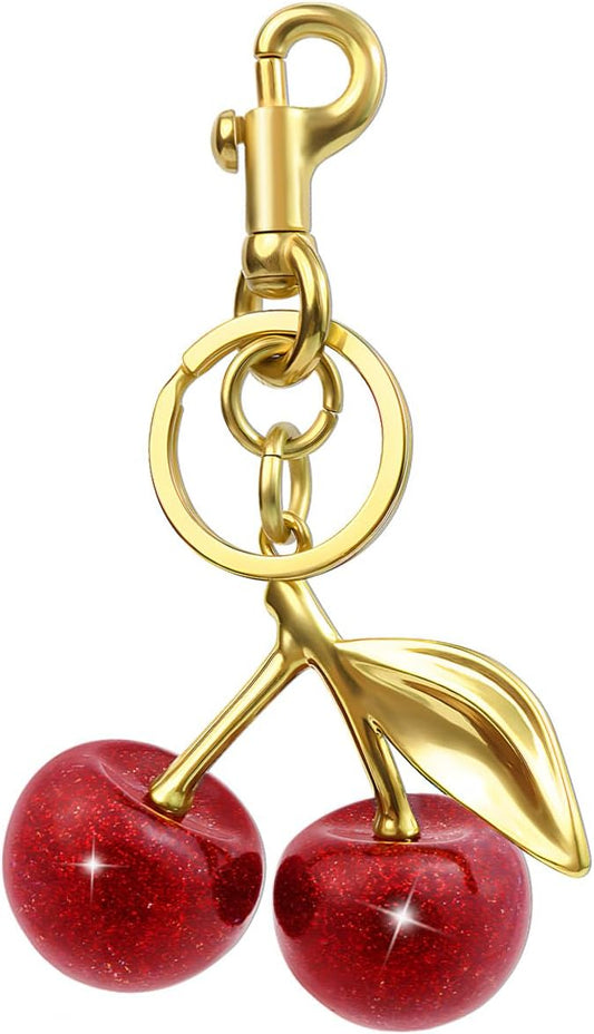 18K Gold Plated Cherry Keychain, Cherry Purse Charm, 1 Pack 18k Gold Plated Cherry, 4.9" X 2.5" X 1.3" V1259-DP01-A-4000