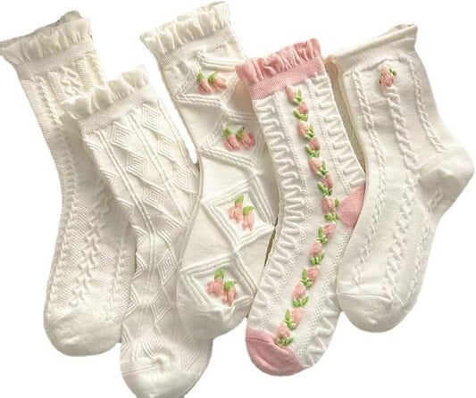 5 Pairs White Cute Socks, Women's Lace Ruffles Ankle Casual Sock, Cottagecore Breathable Mid Tube Socks, V1259-DP01-A-4002