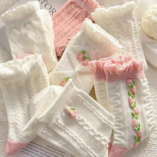 5 Pairs White Cute Socks, Women's Lace Ruffles Ankle Casual Sock, Cottagecore Breathable Mid Tube Socks, V1259-DP01-A-4002