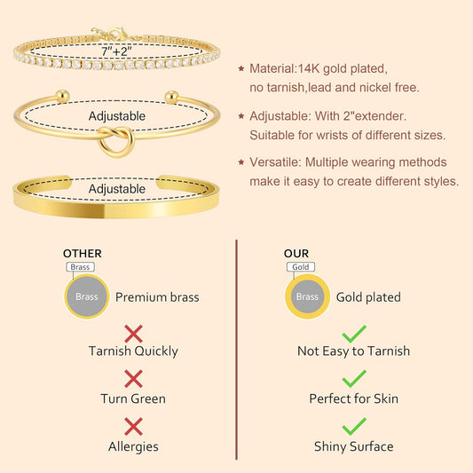 Gold Bangle Cuff Bracelets for Women 14k Gold Plated Cubic Zirconia Tennis Bracelet Non tarnish Love Knot V1259-DP01-A-4008