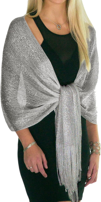 Sheer Glitter Sparkle Shawl Wrap Fringe Prom Weddings Evening Scarfs for Women V1259-DP01-A-4025