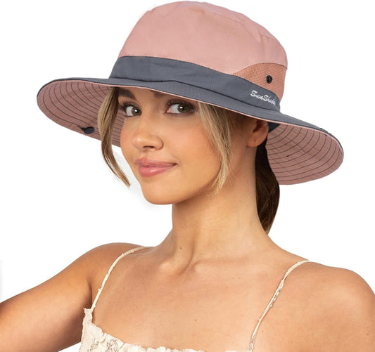 Sun Hat for Women Summer UV Protection Beach Hat Wide Brim Mesh Bucket Fishing Hat with Ponytail Hole V1259-DP01-A-4030