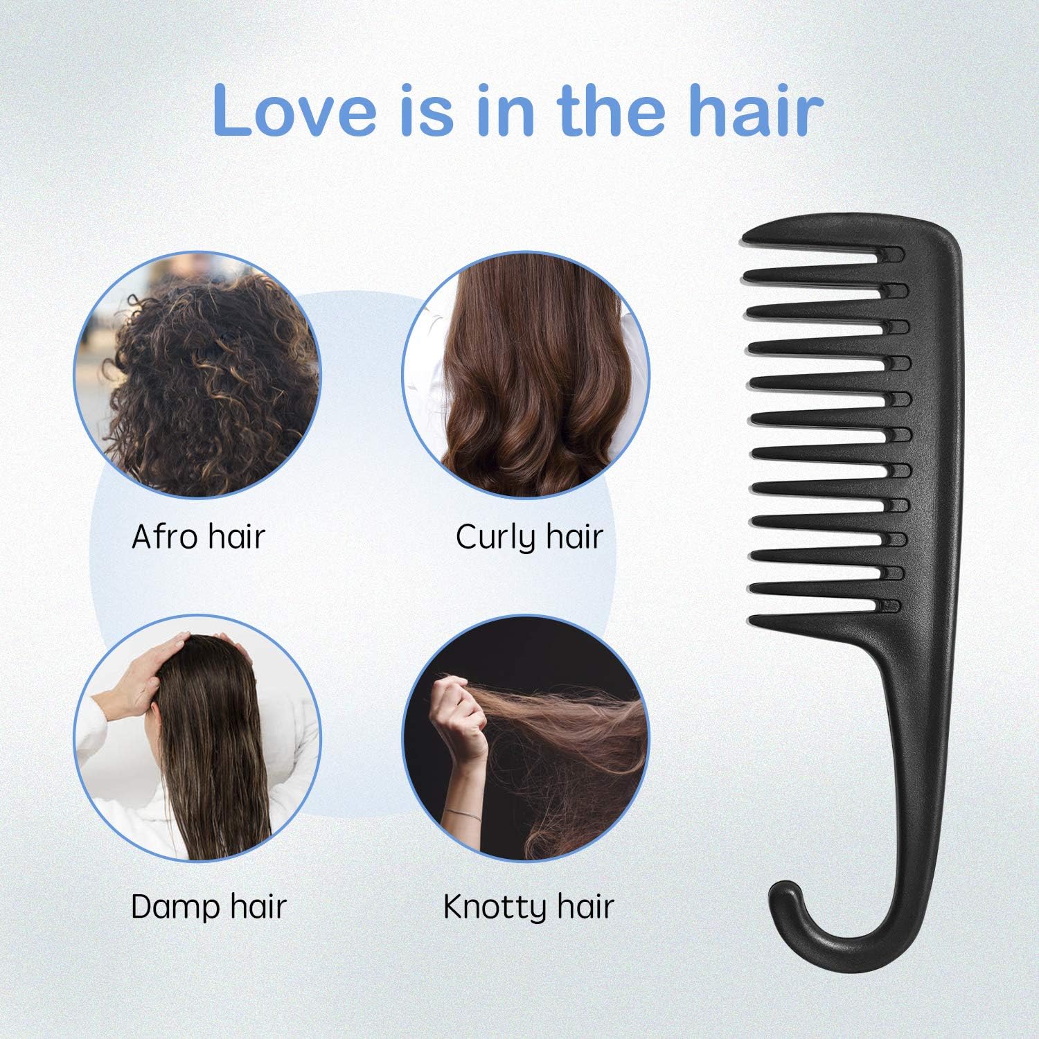 Wide Tooth Comb Shower Comb With Hook, Good for Curly Hair Wet Dry, Premium Tangle Free Combs Black. V1259-DP01-A-4045