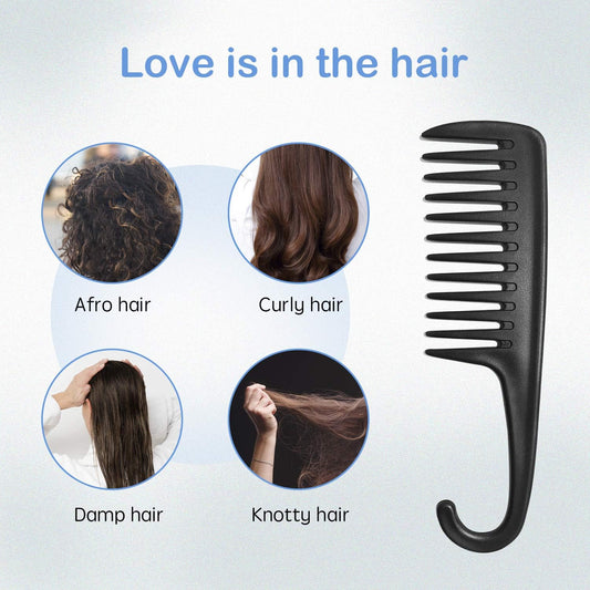 Wide Tooth Comb Shower Comb With Hook, Good for Curly Hair Wet Dry, Premium Tangle Free Combs Black. V1259-DP01-A-4045