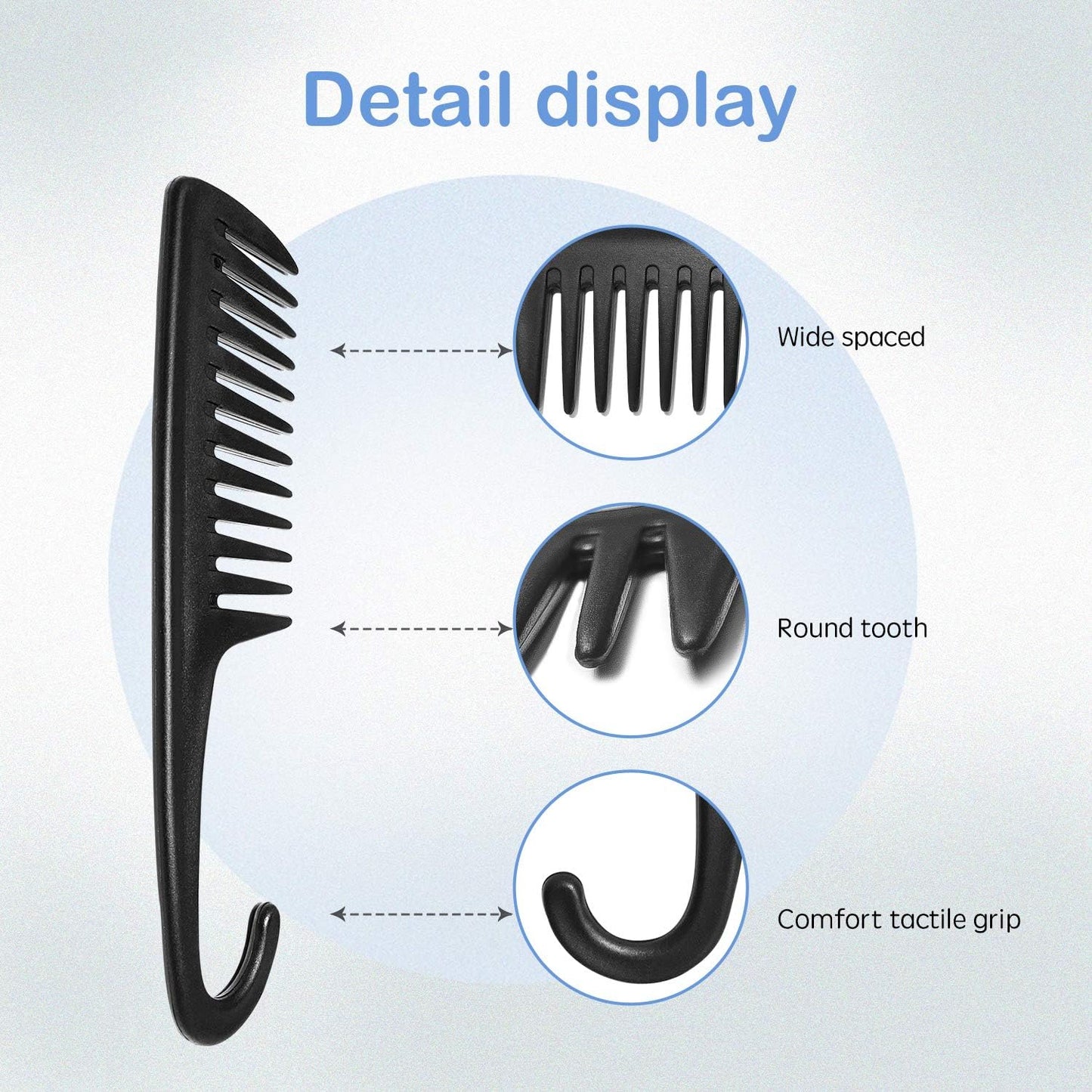Wide Tooth Comb Shower Comb With Hook, Good for Curly Hair Wet Dry, Premium Tangle Free Combs Black. V1259-DP01-A-4045