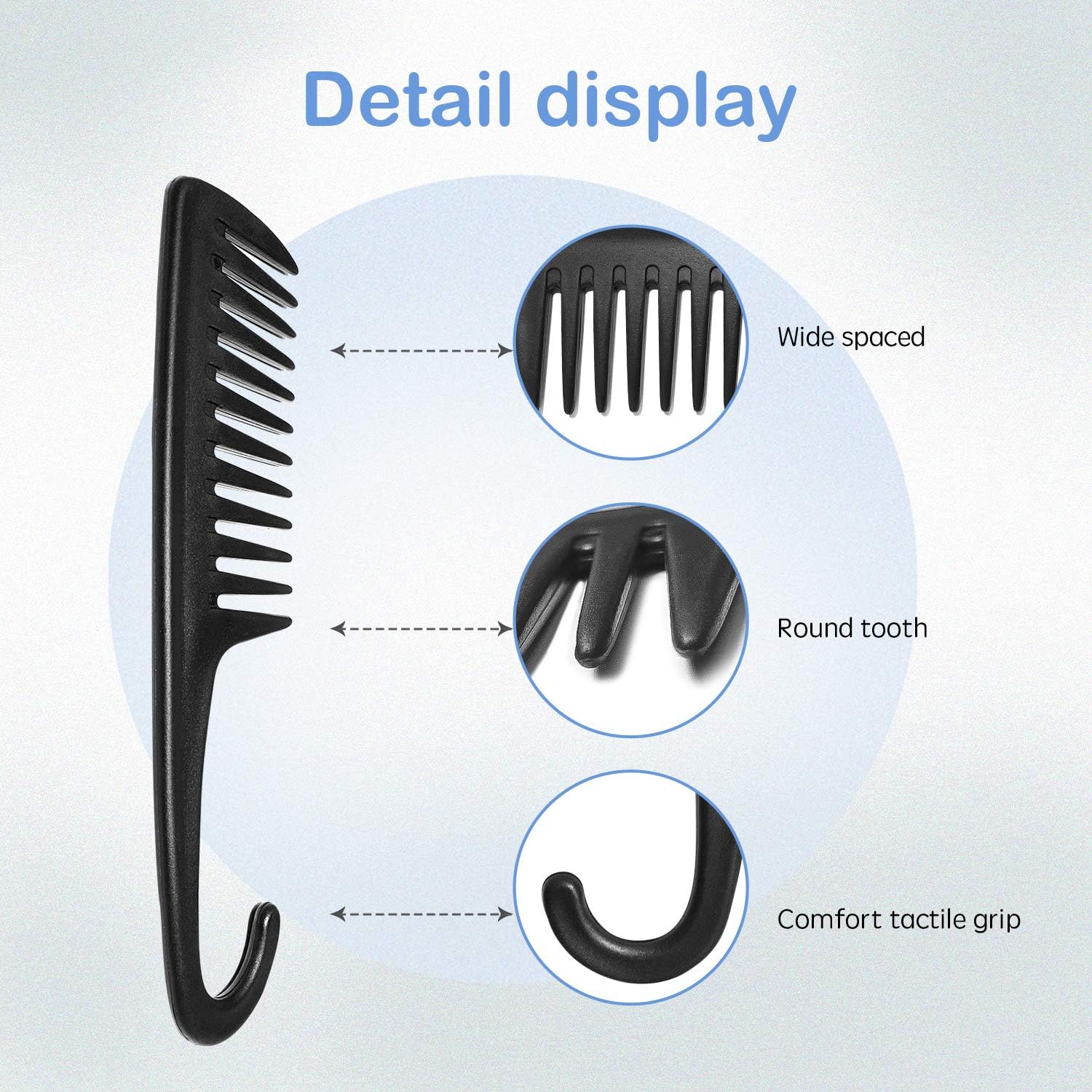 Wide Tooth Comb Shower Comb With Hook, Good for Curly Hair Wet Dry, Premium Tangle Free Combs Black. V1259-DP01-A-4045