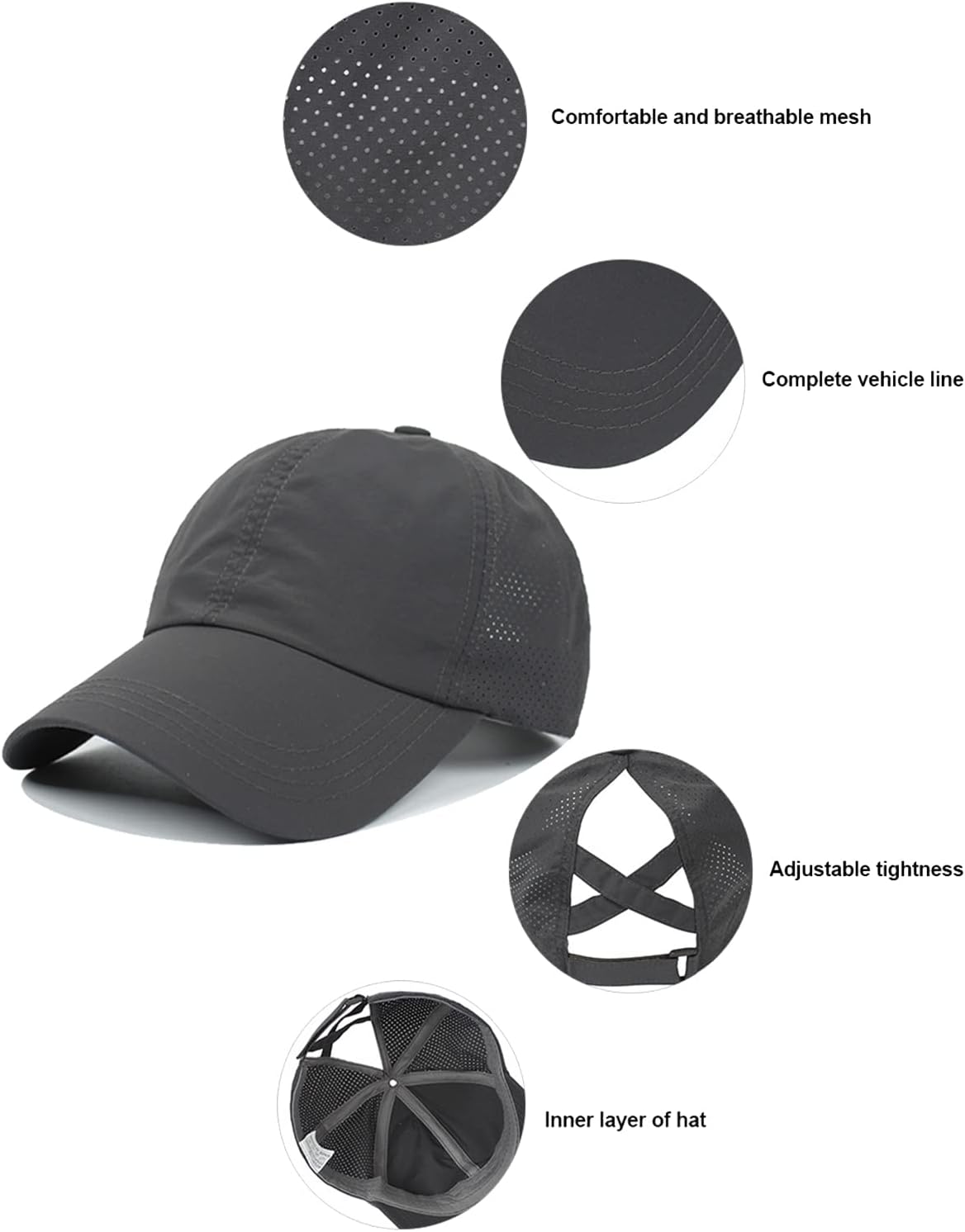 Womens Criss Cross Ponytail Baseball Cap Adjustable Messy Bun Mesh Quick Drying Hat V1259-DP01-A-4052