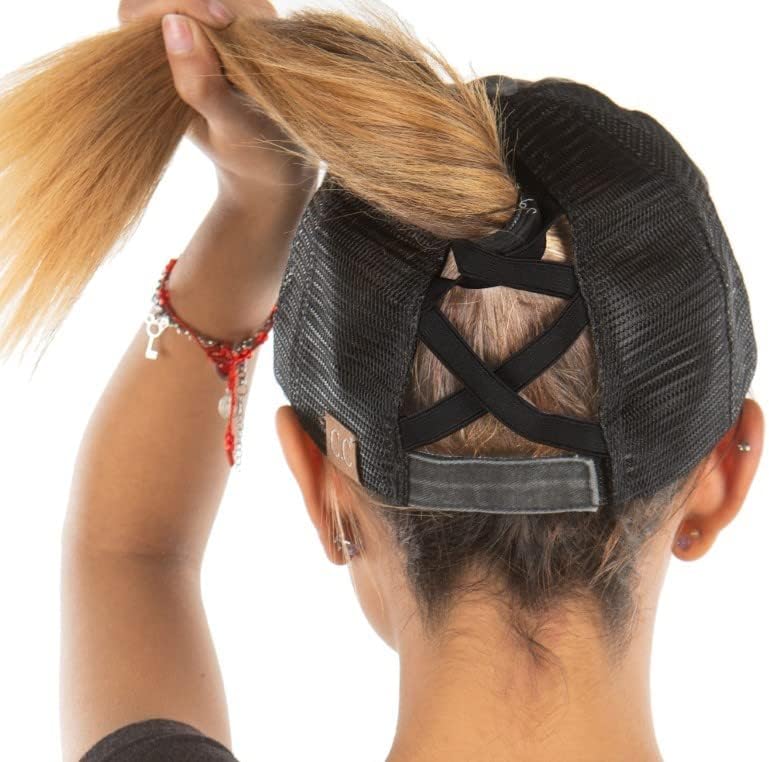 Criss Cross Hat Womens Baseball Cap Distressed Ponytail Messy Bun Trucker Ponycap V1259-DP01-A-4065