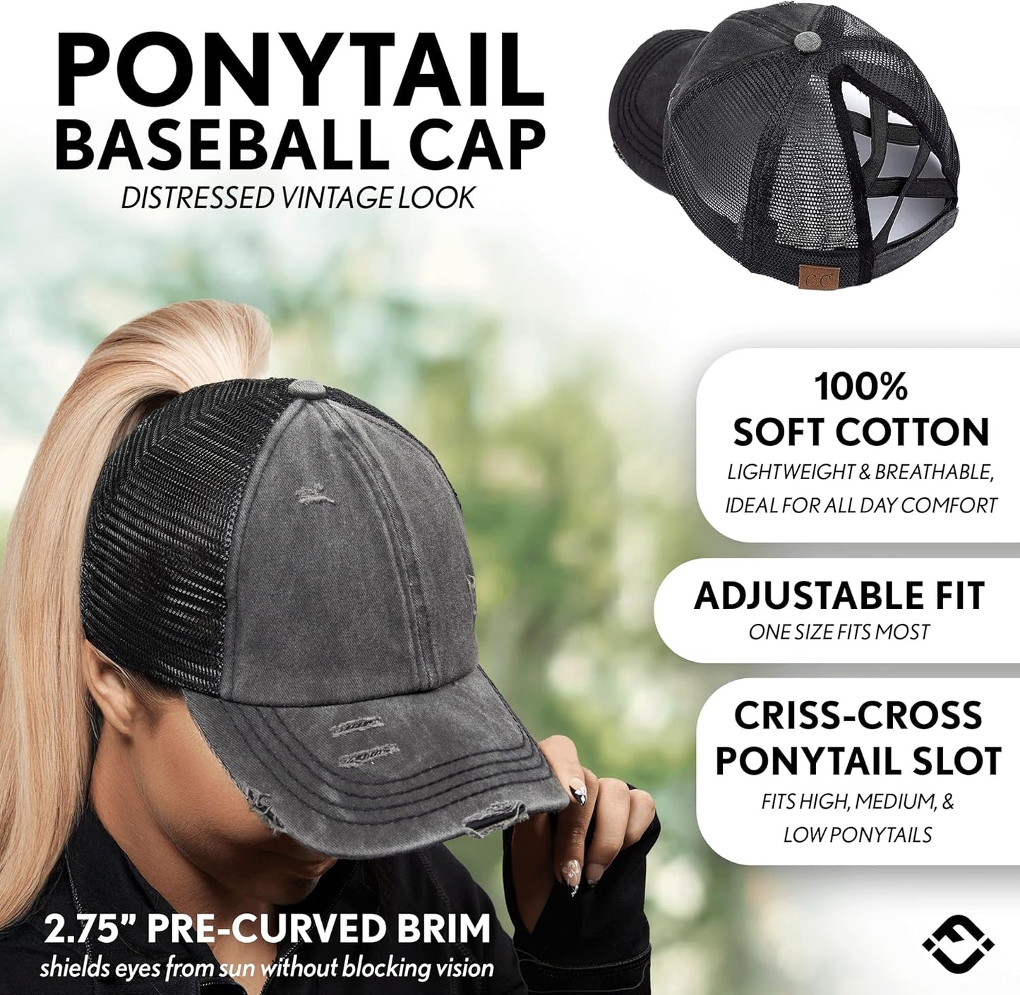 Criss Cross Hat Womens Baseball Cap Distressed Ponytail Messy Bun Trucker Ponycap V1259-DP01-A-4065