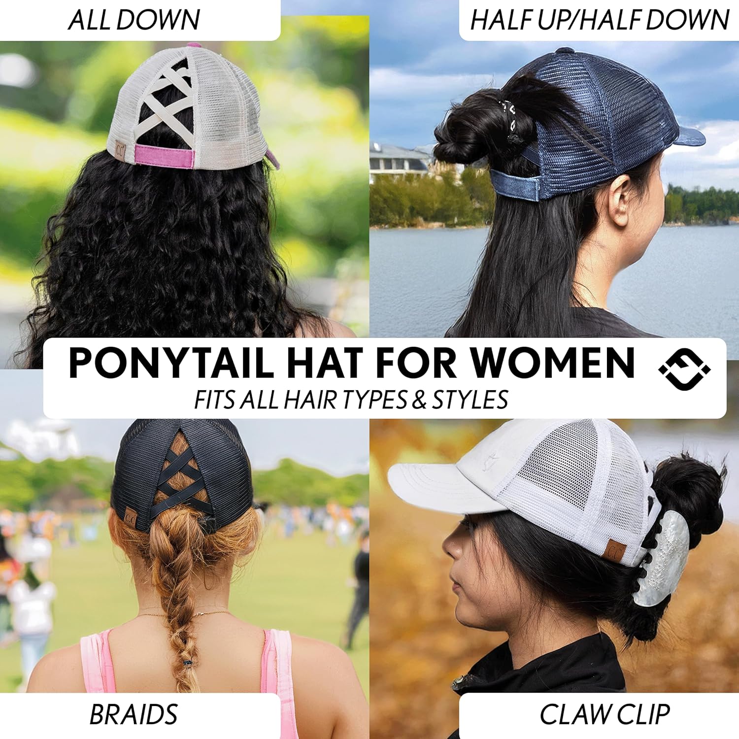 Criss Cross Hat Womens Baseball Cap Distressed Ponytail Messy Bun Trucker Ponycap V1259-DP01-A-4065