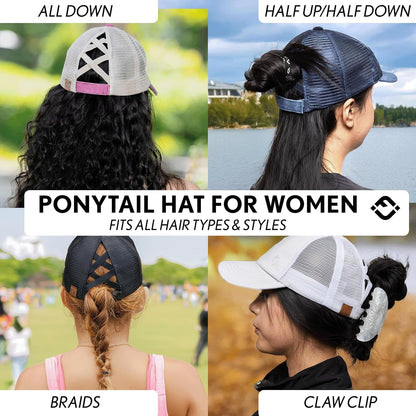 Criss Cross Hat Womens Baseball Cap Distressed Ponytail Messy Bun Trucker Ponycap V1259-DP01-A-4065