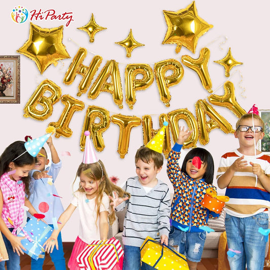 23pcs Birthday Balloons Banner, 3D Gold Premium Mylar Foil Ecofriendly Letter Happy Birthday Banner with 5pcs V1259-DP01-A-4083