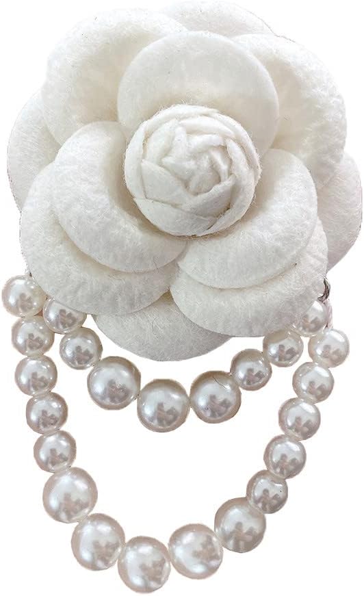 Fabric Camellia Flower Brooch Pins Pearl Tassel Corsage Jewelry Brooches for Women Shirt Collar Clothing V1259-DP01-A-4097