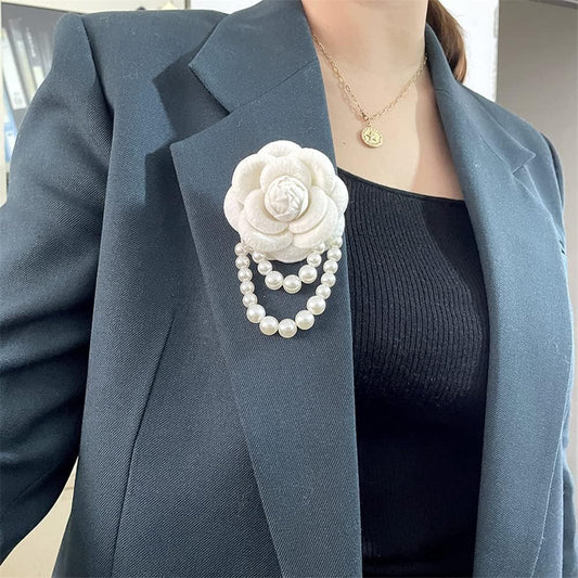 Fabric Camellia Flower Brooch Pins Pearl Tassel Corsage Jewelry Brooches for Women Shirt Collar Clothing V1259-DP01-A-4097