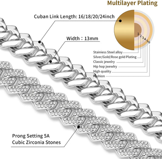 13mm Cuban Link Chain For Men Women Iced Out Chain Miami Cuban Necklace Bling Diamond Chains Hip Hop Jewelry V1259-DP01-A-4110