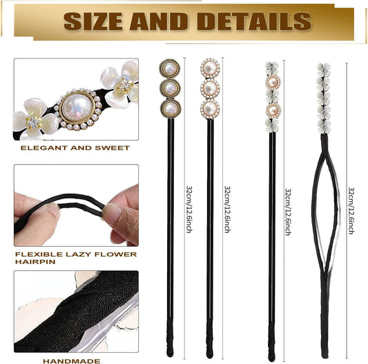 Hair Bun Maker, Deft Bun, 4PCS Women Magic Hair Bun Maker with Peal and Flower, Magic Twist Hairpin Lazy V1259-DP01-A-4115