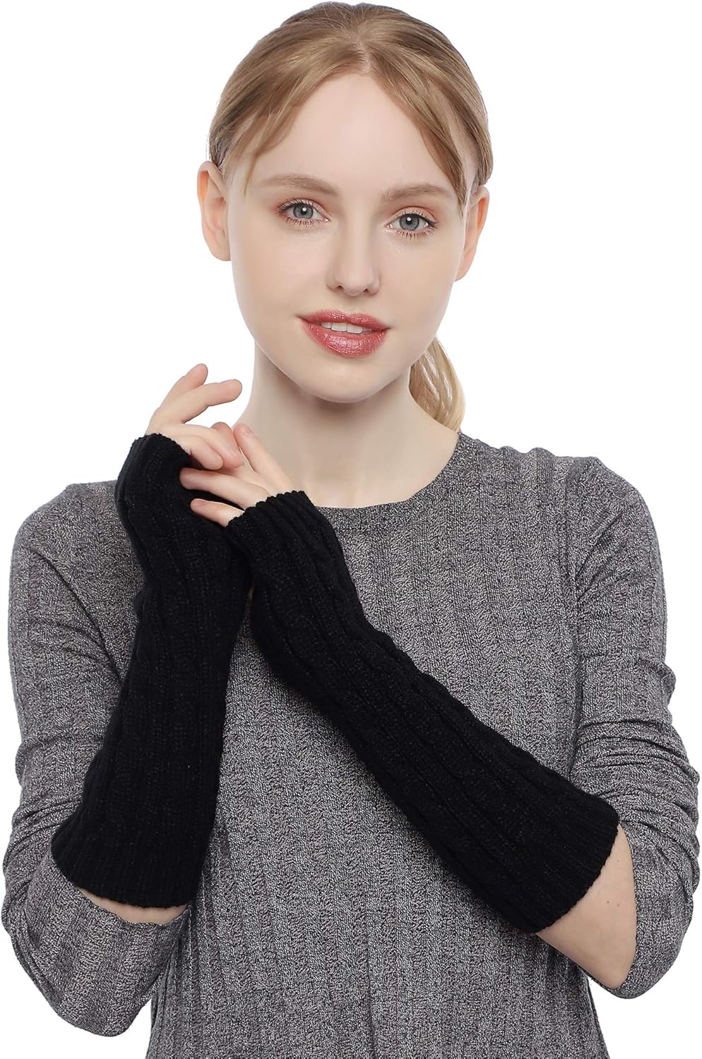 Flammi Women Cable Knit Arm Warmer Fingerless Gloves Thumb Hole Gloves Mittens (1 Pair) V1259-DP01-A-4116