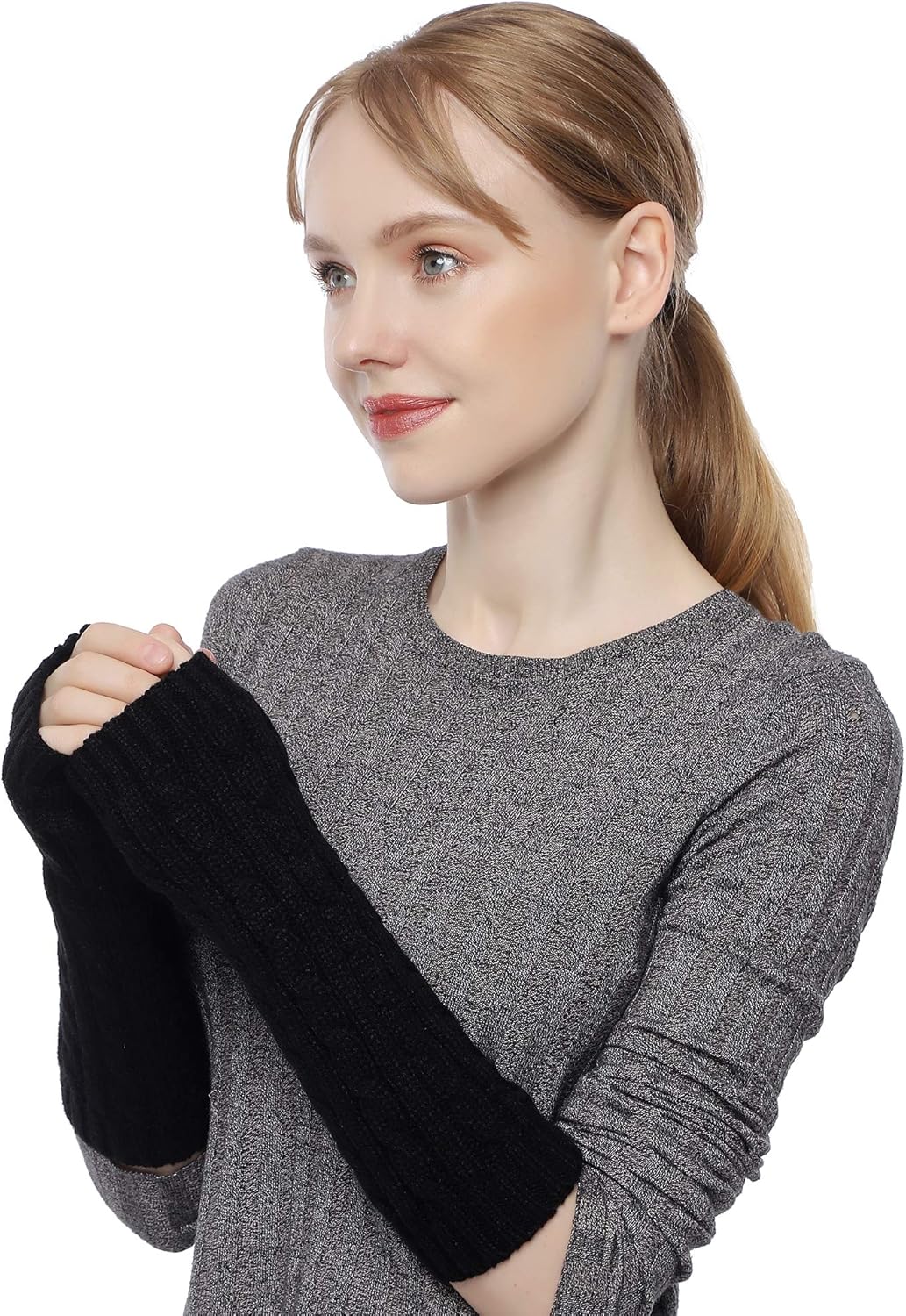 Flammi Women Cable Knit Arm Warmer Fingerless Gloves Thumb Hole Gloves Mittens (1 Pair) V1259-DP01-A-4116