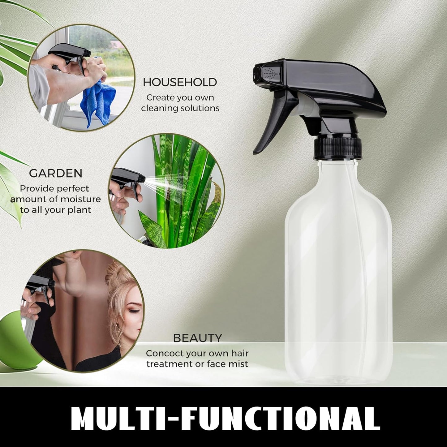 Plastic Spray Bottles 3 Pack, Refillable 16 oz Empty Spray Bottle for Cleaning Solution, Durable and Powerful V1259-DP01-A-4151