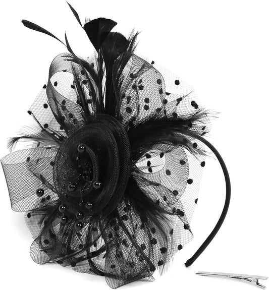 Fascinators For Women,Mesh Feather Fascinator Hats,Headband Hair Clip Net Veil Headwear, Party Evening Dress V1259-DP01-A-4165