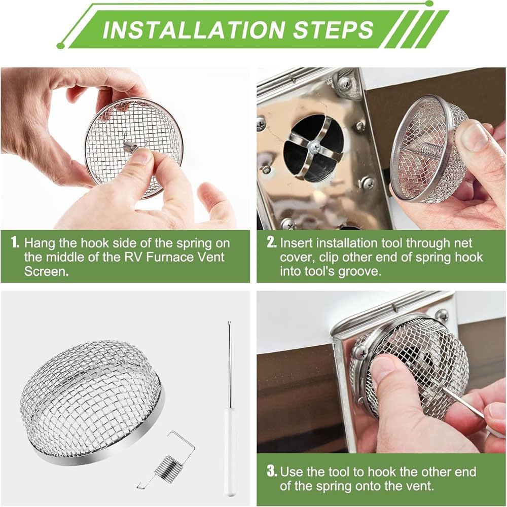 RV Furnace Vent Insect Screen Cover 2 Pack with Installation Tool, Durable Mesh RV Flying Insect Screen for V1259-DP01-A-4176