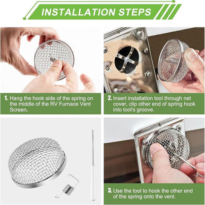 RV Furnace Vent Insect Screen Cover 2 Pack with Installation Tool, Durable Mesh RV Flying Insect Screen for V1259-DP01-A-4176