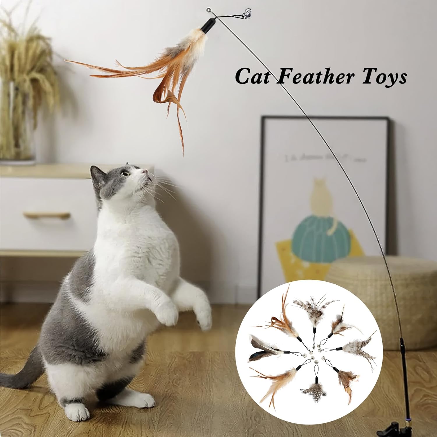 8 Pcs Cat Feather Toys with Bells, Feather Teaser Cat Toy, Replacement Feather Refills with Bells, Exerciser V1259-DP01-A-4185