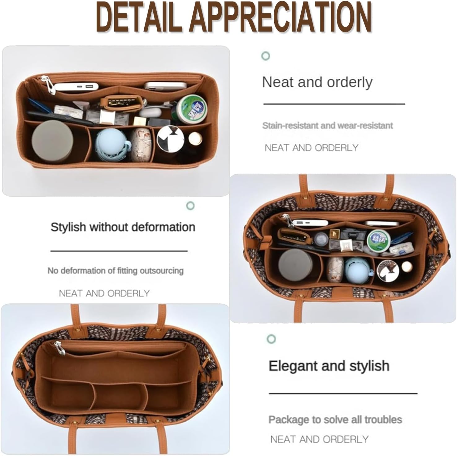 Organizer Insert for Tote Bag - Softened Felt Purse Insert With Storage Container, Makeup Organizer, Inner V1259-DP01-A-4198