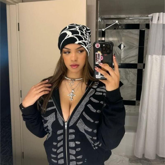 Y2K Gothic Spider Pattern Wool Acrylic Knitted Hat Women Beanie Winter Warm Beanies Men Casual Skullies V1259-DP01-A-4202